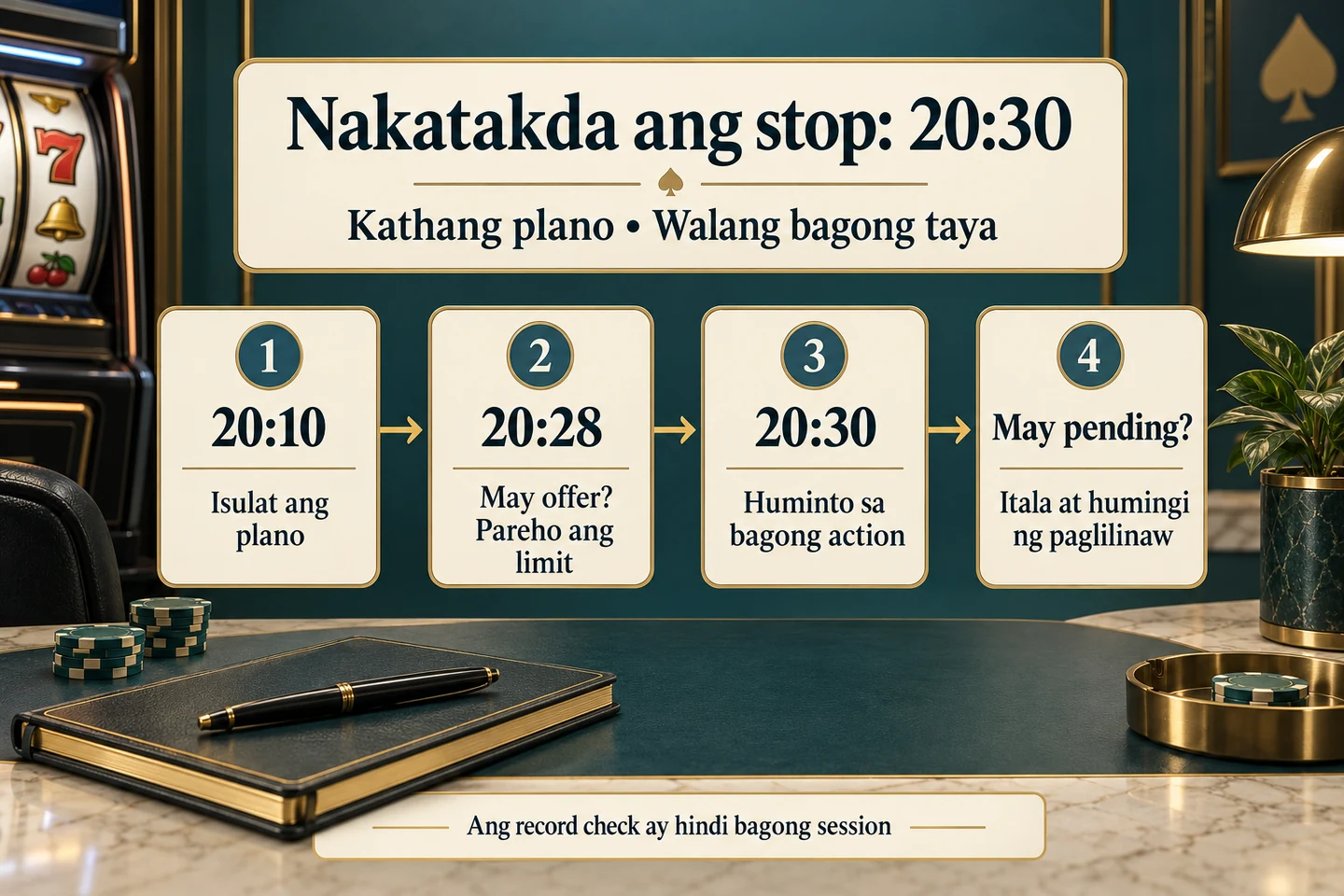 Fictitious stop-point timeline: 20:10 plan, 20:28 offer, 20:30 stop and separate pending-record inquiry.