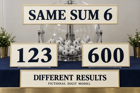 Lottery teaching drum beside two plaques labelled 123 and 600 with a shared SUM 6 label