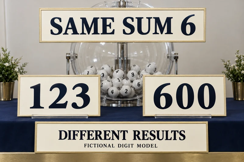 Lottery teaching drum beside two plaques labelled 123 and 600 with a shared SUM 6 label