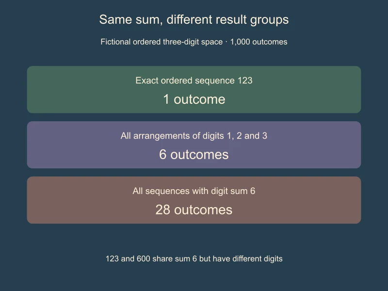 Exact sequence 123 is one outcome, its digit permutations are six outcomes, and the full sum-6 category contains 28 outcomes in a fictional 1,000-sequence model