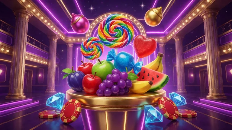Gold pedestal in a purple neon casino hall holding rainbow lollipops, a red heart gummy, a blue wrapped candy, apples, grapes, a plum, bananas and watermelon