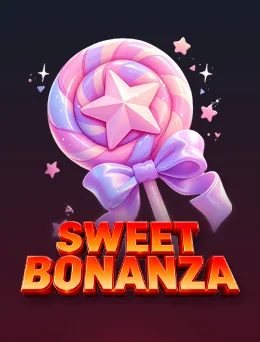 Sweet Bonanza game thumbnail: a pink and lilac swirl lollipop with a star in the centre and a purple ribbon, above the words SWEET BONANZA in orange letters