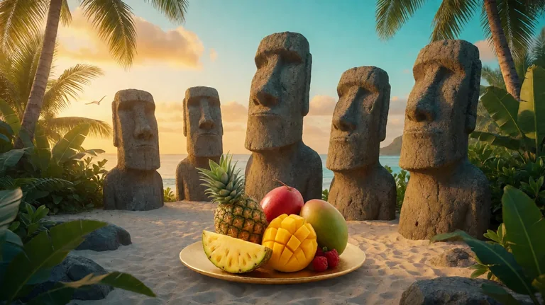 Stone moai statues on a sandy tropical beach at sunset, with a golden plate of pineapple, mango and other fruit in front and palm leaves around