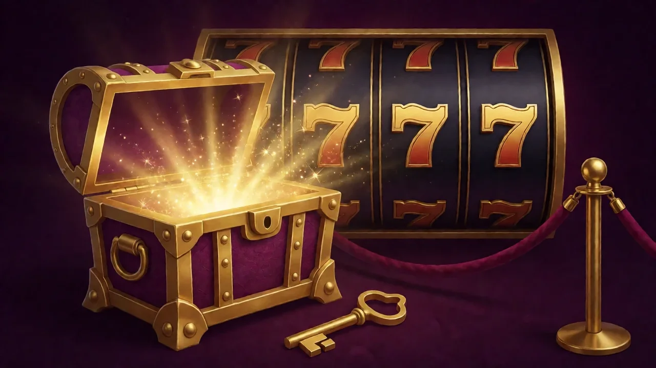 An open golden treasure chest releasing a burst of light beside a slot reel of sevens, with a golden key and a velvet rope barrier