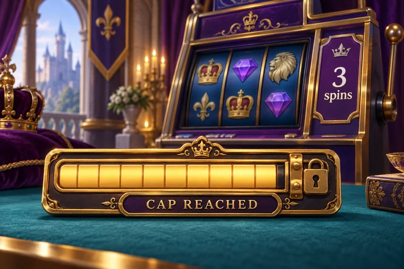 A generic royal slot bonus shows 3 spins beside a cap-reached marker.